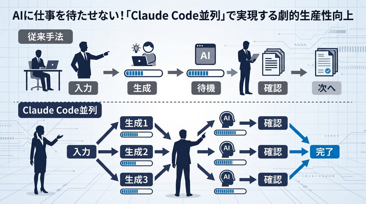 図解：AIに仕事を待たせない！「Claude Code並列」で実現する劇的生産性向上