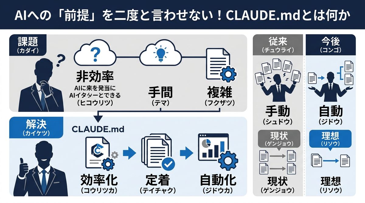 図解：AIへの「前提」を二度と言わせない！CLAUDE.mdとは何か