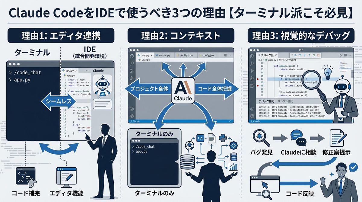 図解:Claude CodeをIDEで使うべき3つの理由【ターミナル派こそ必見】
