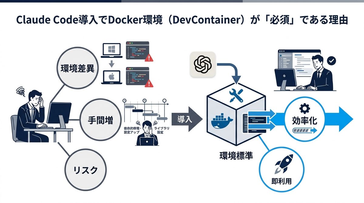 図解：Claude Code導入でDocker環境（DevContainer）が「必須」である理由