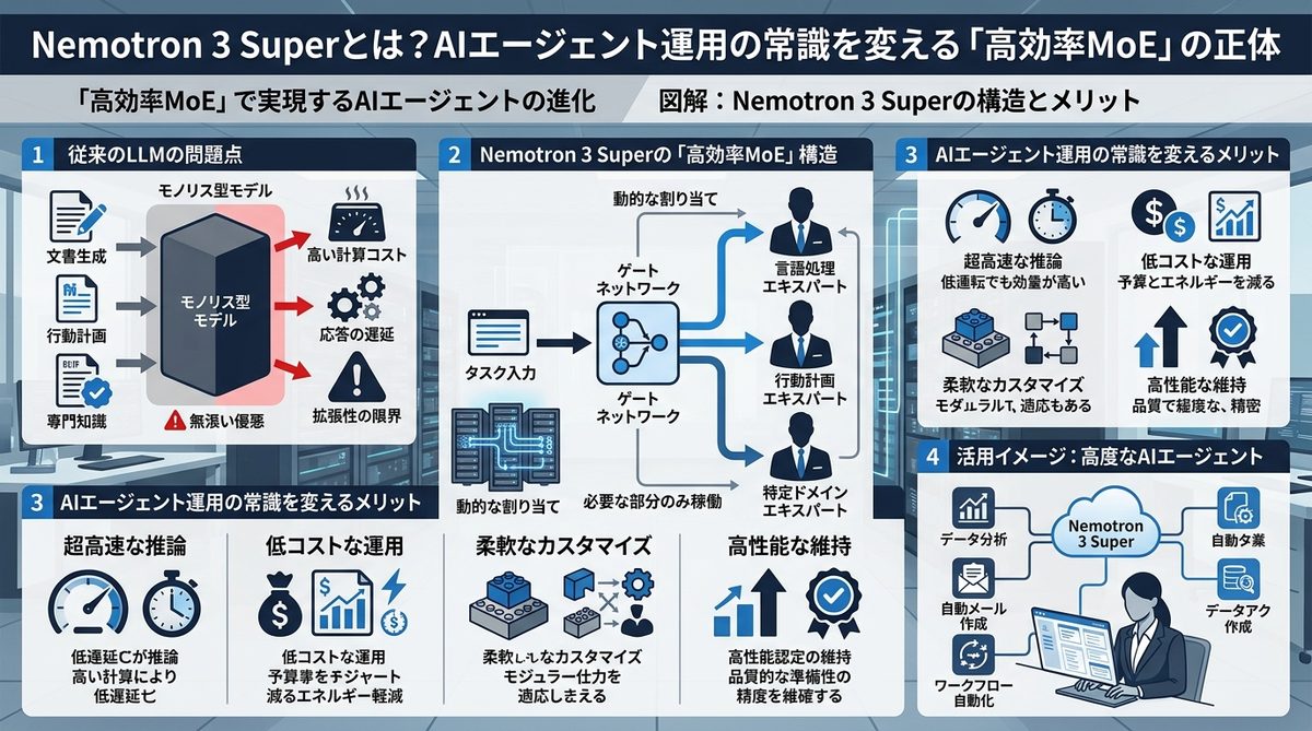図解:Nemotron 3 Superとは?AIエージェント運用の常識を変える「高効率MoE」の正体