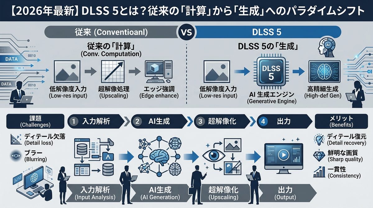 図解：【2026年最新】DLSS 5とは？従来の「計算」から「生成」へのパラダイムシフト