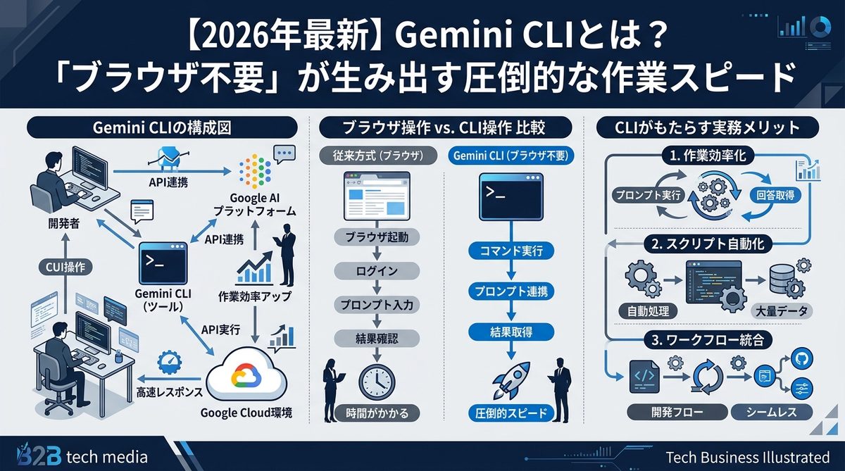 図解：【2026年最新】Gemini CLIとは？「ブラウザ不要」が生み出す圧倒的な作業スピード