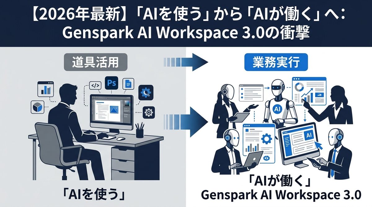図解：【2026年最新】「AIを使う」から「AIが働く」へ：Genspark AI Workspace 3.0の衝撃