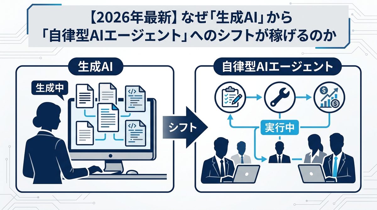 図解：【2026年最新】なぜ「生成AI」から「自律型AIエージェント」へのシフトが稼げるのか