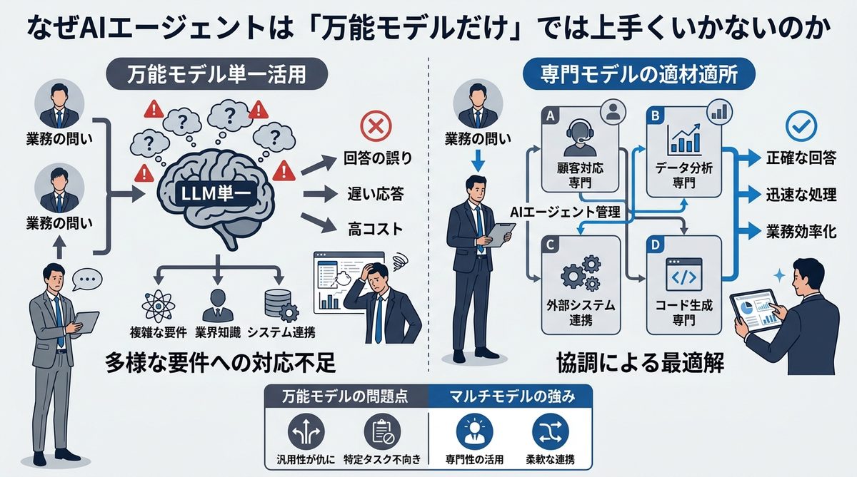 図解：なぜAIエージェントは「万能モデルだけ」では上手くいかないのか
