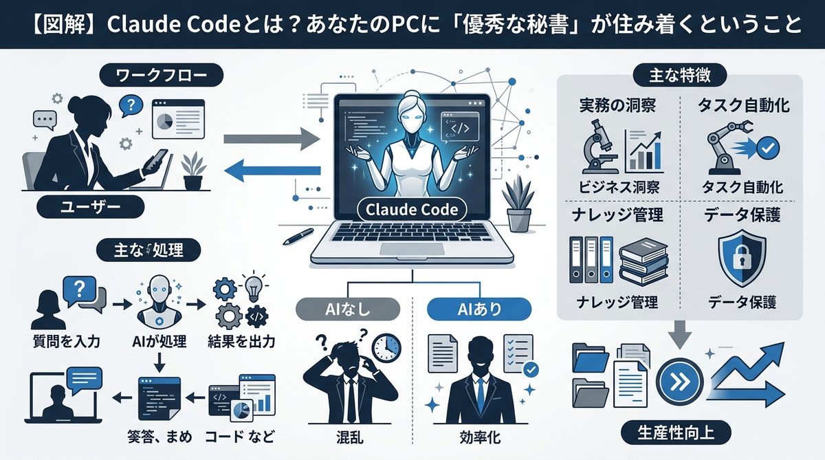 図解:【図解】Claude Codeとは?あなたのPCに「優秀な秘書」が住み着くということ