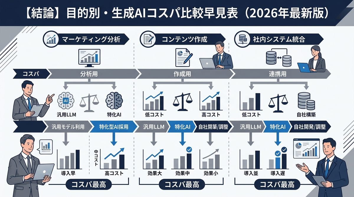 図解:【結論】目的別・生成AIコスパ比較早見表(2026年最新版)