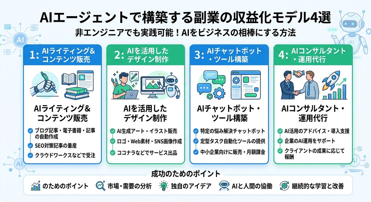 図解：AIエージェントで構築する副業の収益化モデル4選