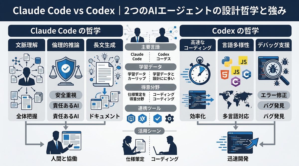 図解：Claude Code vs Codex｜2つのAIエージェントの設計哲学と強み