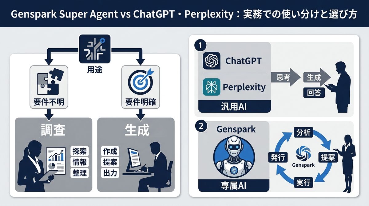 図解：Genspark Super Agent vs ChatGPT・Perplexity：実務での使い分けと選び方