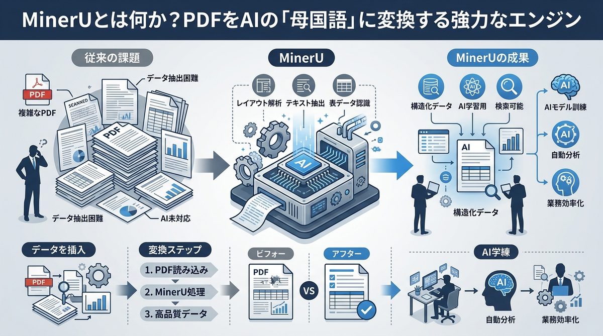 図解:MinerUとは何か?PDFをAIの「母国語」に変換する強力なエンジン