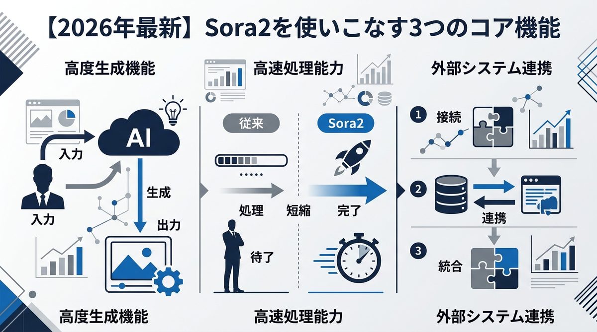 図解:【2026年最新】Sora2を使いこなす3つのコア機能