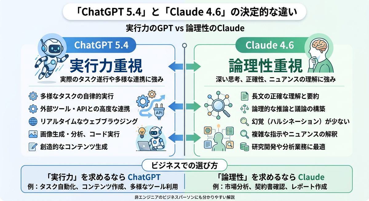 図解：競合Claude 4.6との決定的な違い：実行力のGPT vs 論理性のClaude