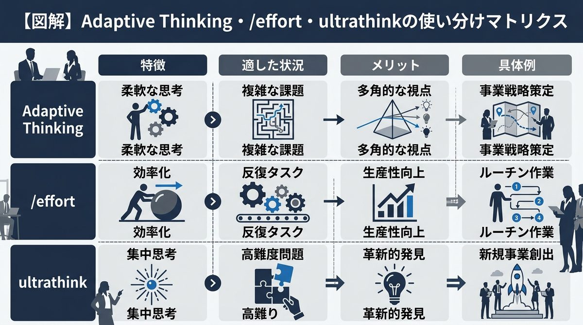 図解:【図解】Adaptive Thinking・/effort・ultrathinkの使い分けマトリクス