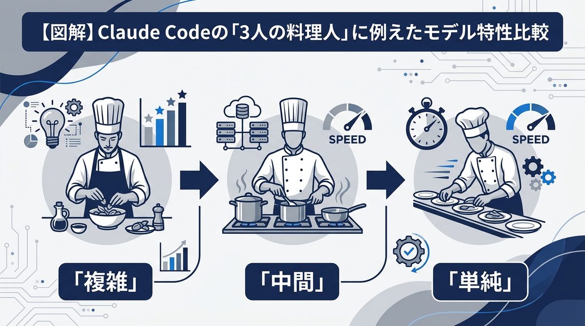図解:【図解】Claude Codeの「3人の料理人」に例えたモデル特性比較