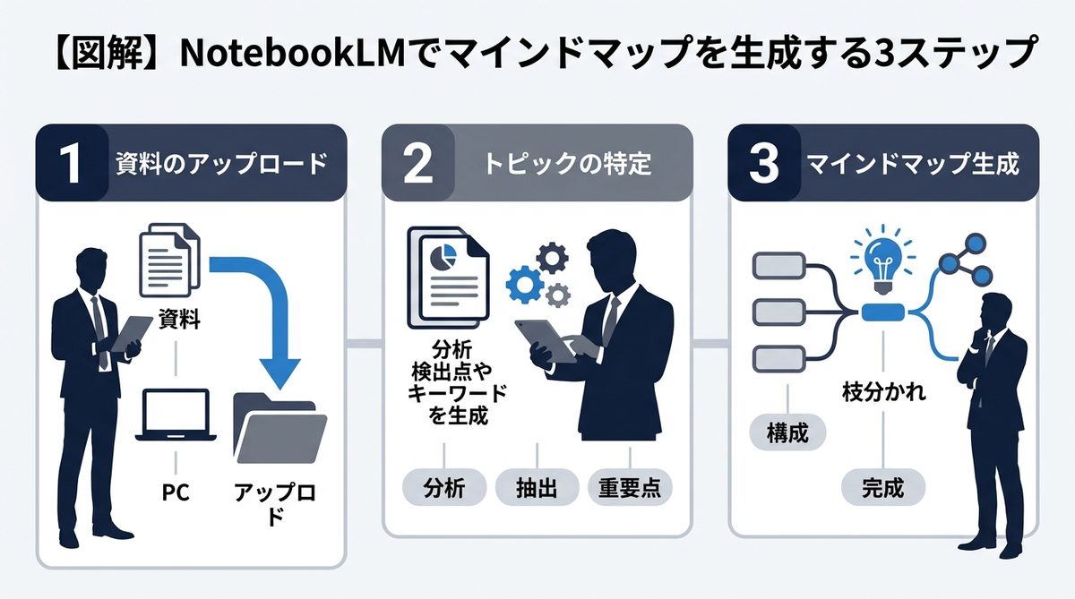 図解：【図解】NotebookLMでマインドマップを生成する3ステップ