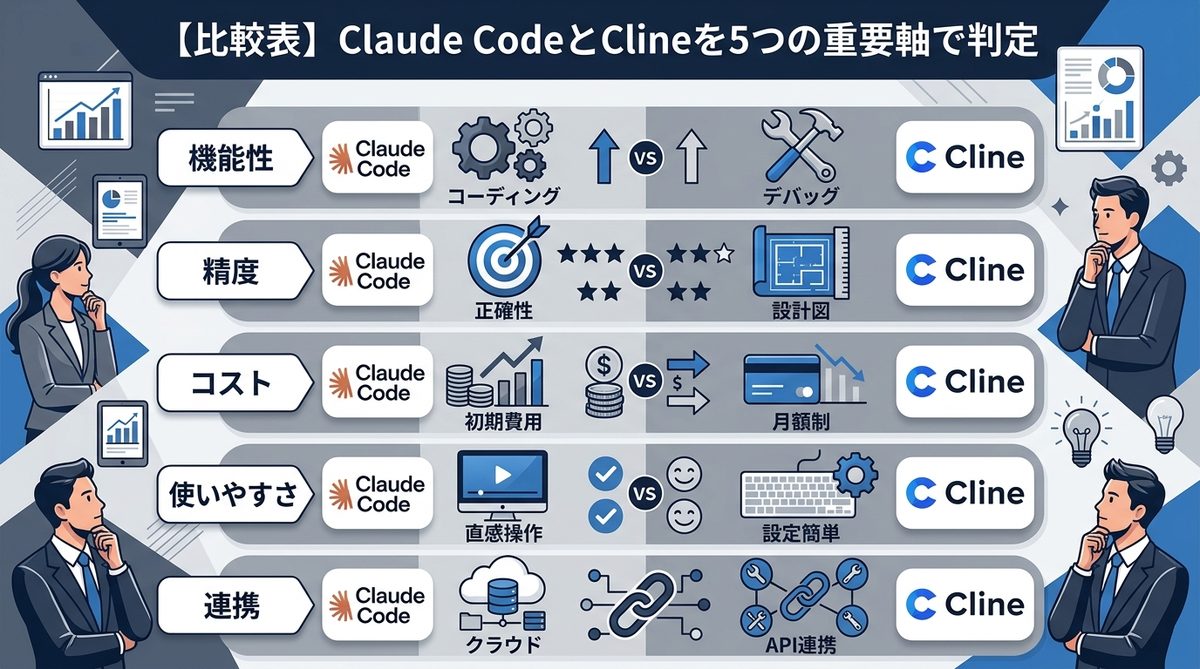 図解：【比較表】Claude CodeとClineを5つの重要軸で判定