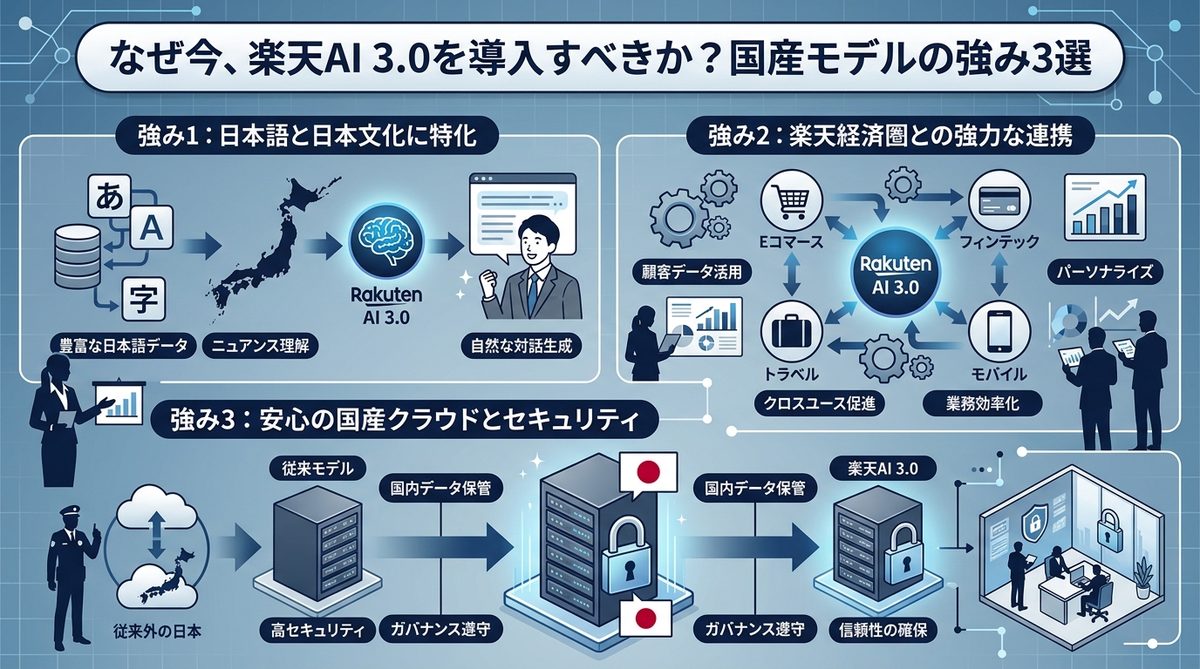 図解：なぜ今、楽天AI 3.0を導入すべきか？国産モデルの強み3選