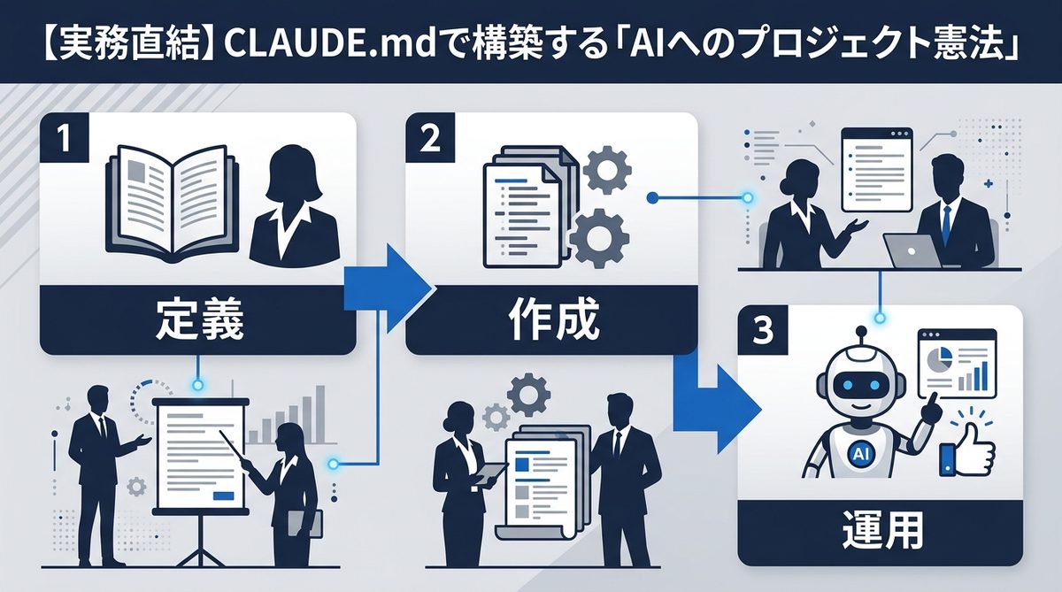 図解:【実務直結】CLAUDE.mdで構築する「AIへのプロジェクト憲法」