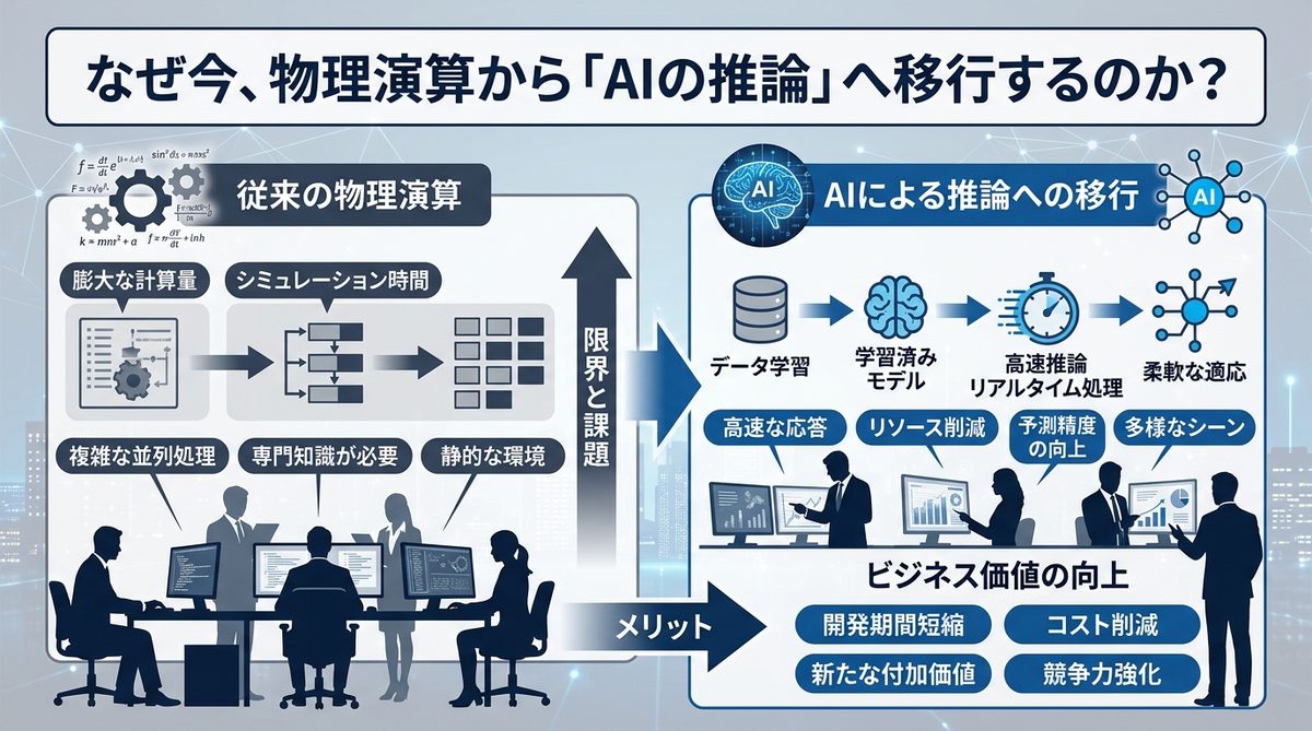 図解：なぜ今、物理演算から「AIの推論」へ移行するのか？