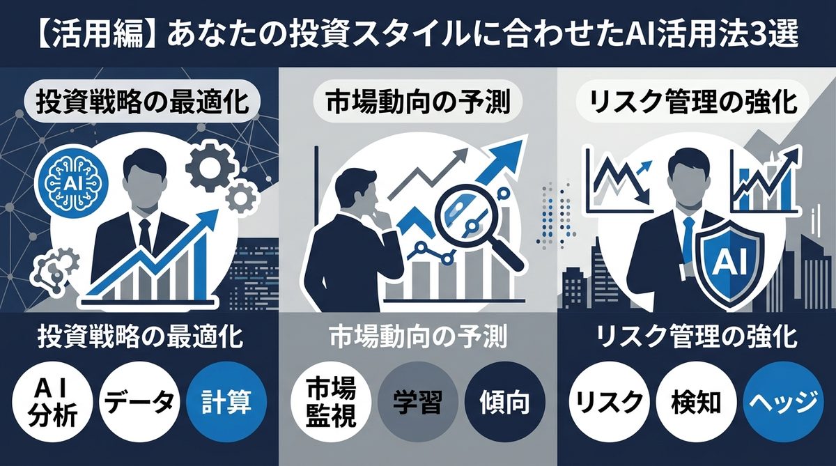 図解：【活用編】あなたの投資スタイルに合わせたAI活用法3選