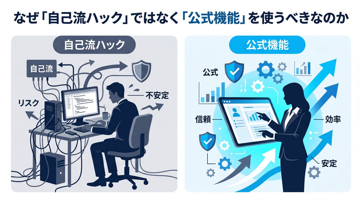 図解：なぜ「自己流ハック」ではなく「公式機能」を使うべきなのか