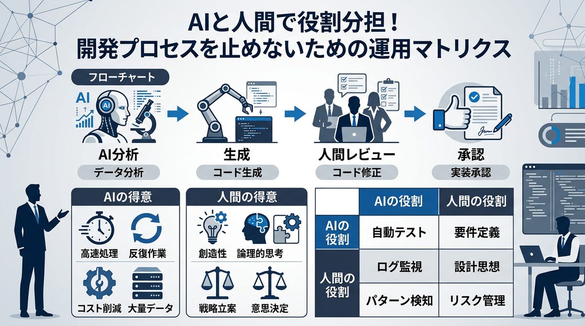 図解:AIと人間で役割分担!開発プロセスを止めないための運用マトリクス
