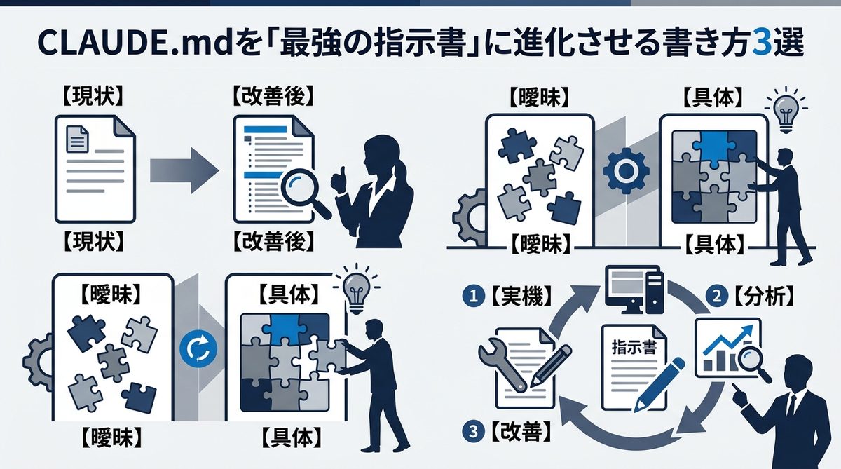 図解：CLAUDE.mdを「最強の指示書」に進化させる書き方3選