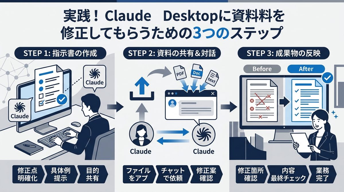 図解:実践!Claude Desktopに資料を修正してもらうための3つのステップ