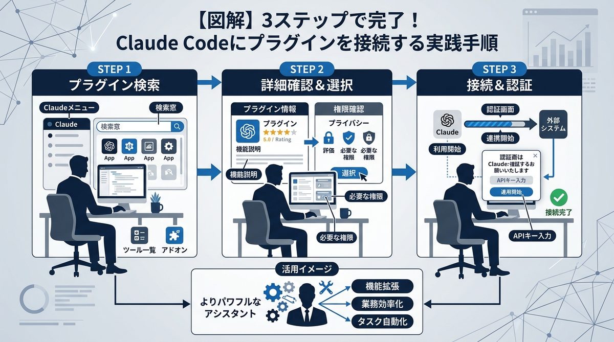 図解：【図解】3ステップで完了！Claude Codeにプラグインを接続する実践手順