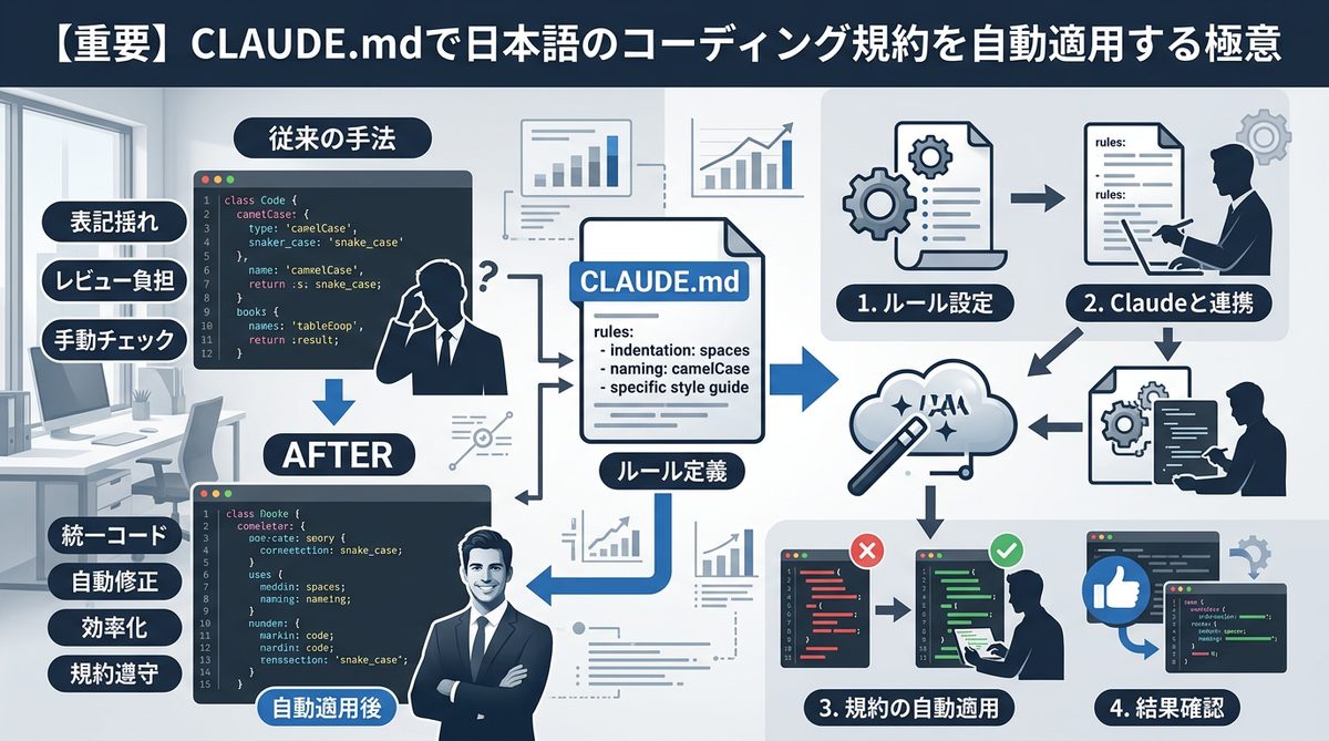 図解:【重要】CLAUDE.mdで日本語のコーディング規約を自動適用する極意