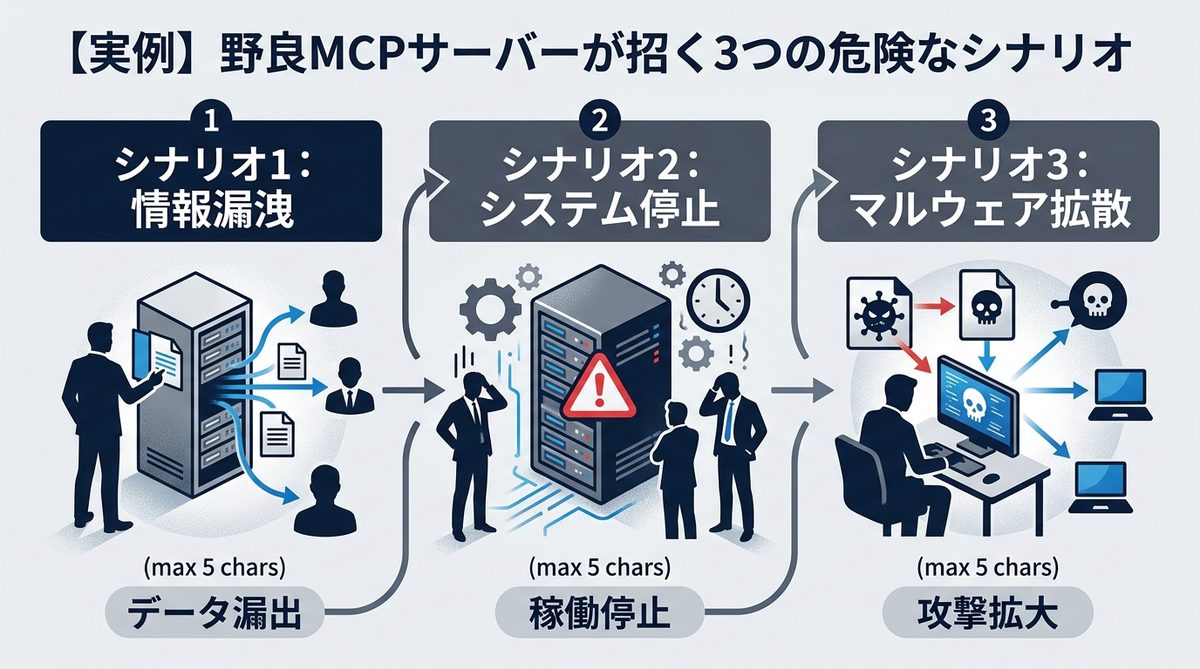 図解：【実例】野良MCPサーバーが招く3つの危険なシナリオ
