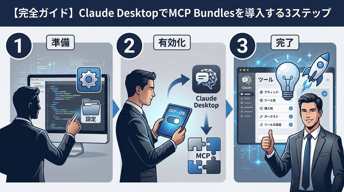 図解:【完全ガイド】Claude DesktopでMCP Bundlesを導入する3ステップ