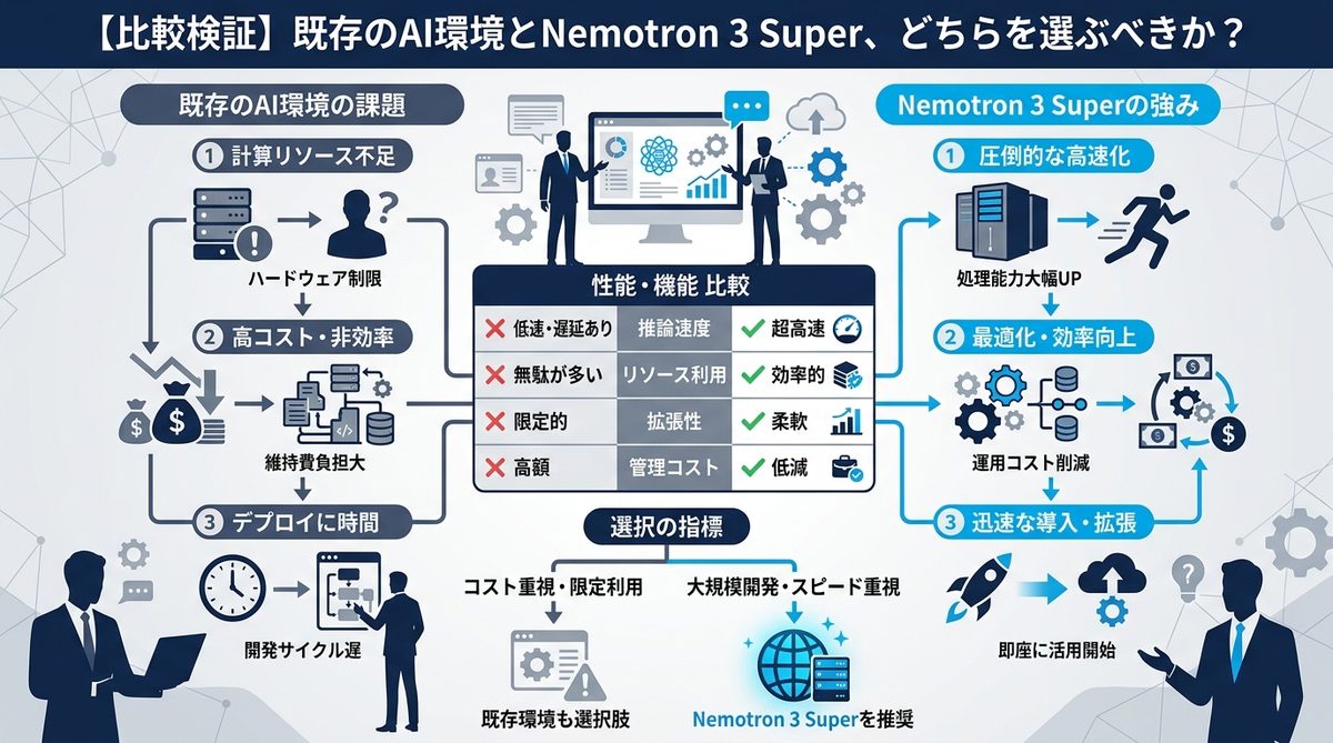 図解:【比較検証】既存のAI環境とNemotron 3 Super、どちらを選ぶべきか?