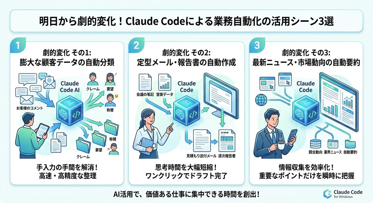 図解：明日から劇的変化！Claude Codeによる業務自動化の活用シーン3選