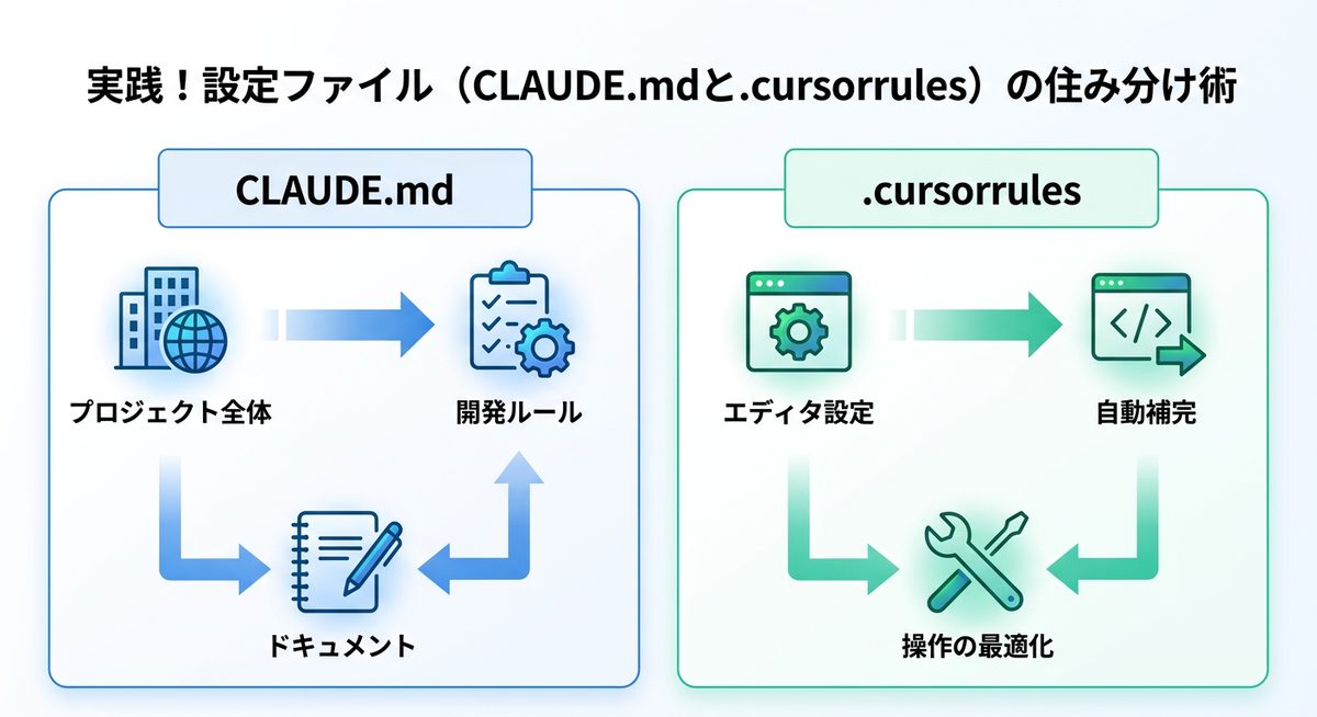図解:実践!設定ファイル(CLAUDE.mdと.cursorrules)の住み分け術