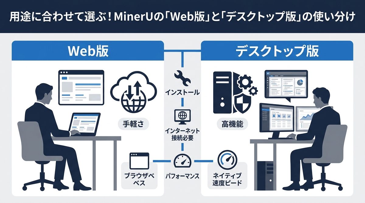 図解：用途に合わせて選ぶ！MinerUの「Web版」と「デスクトップ版」の使い分け