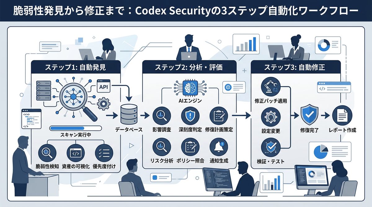 図解：脆弱性発見から修正まで：Codex Securityの3ステップ自動化ワークフロー