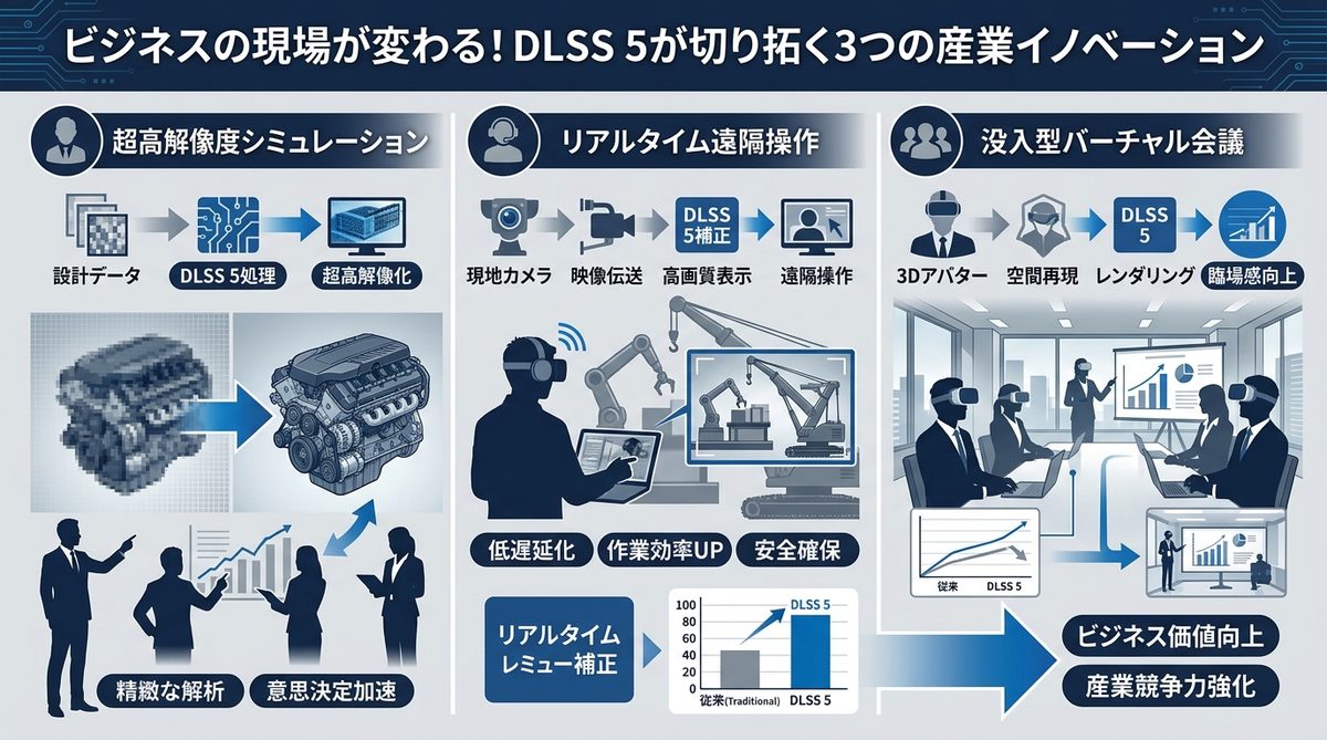 図解：ビジネスの現場が変わる！DLSS 5が切り拓く3つの産業イノベーション