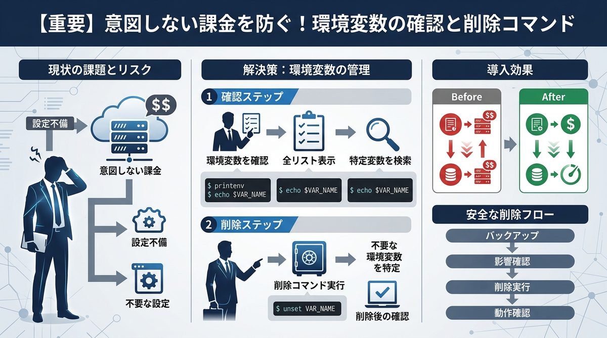 図解：【重要】意図しない課金を防ぐ！環境変数の確認と削除コマンド