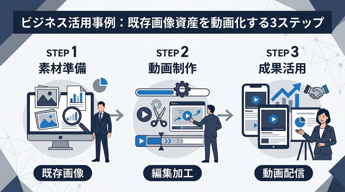 図解：ビジネス活用事例：既存画像資産を動画化する3ステップ