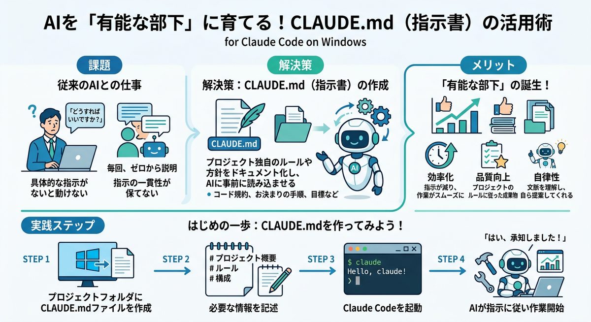 図解：AIを「有能な部下」に育てる！CLAUDE.md（指示書）の活用術