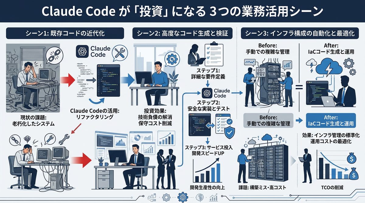 図解:Claude Codeが「投資」になる3つの業務活用シーン