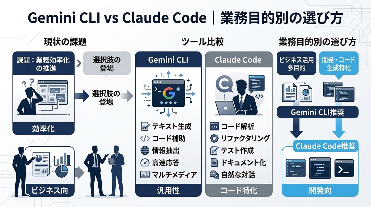 図解：Gemini CLI vs Claude Code｜業務目的別の選び方