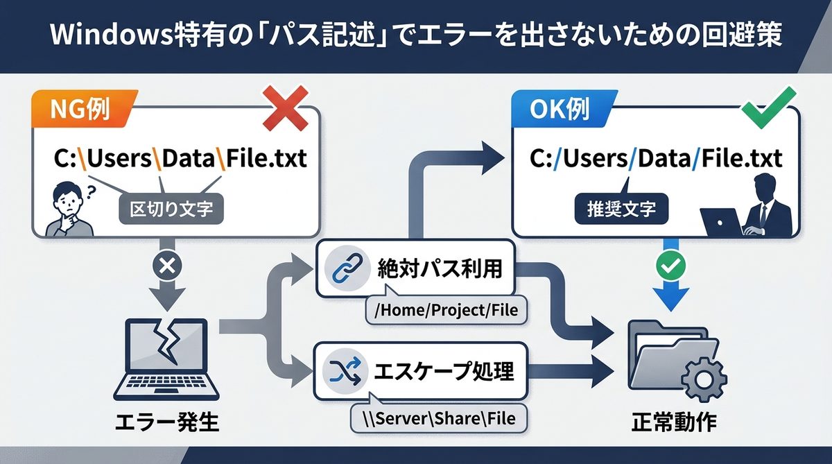 図解:Windows特有の「パス記述」でエラーを出さないための回避策