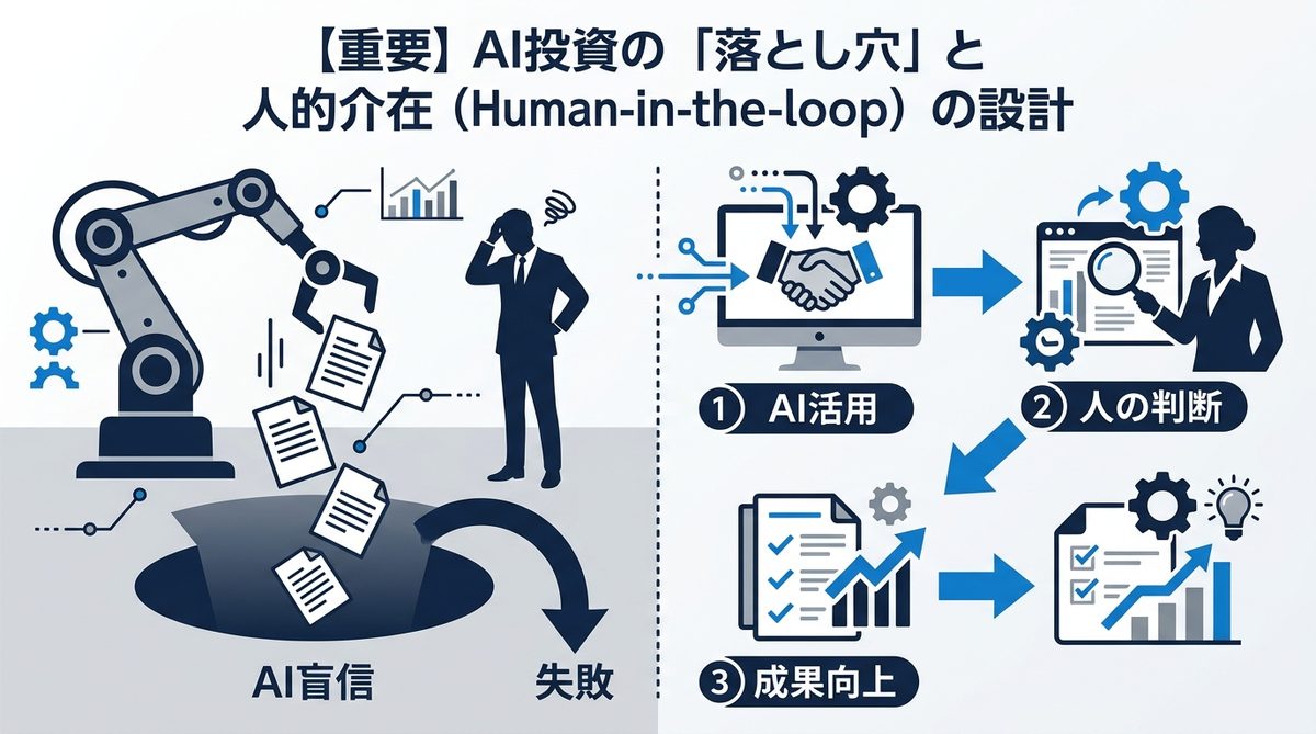 図解：【重要】AI投資の「落とし穴」と人的介在（Human-in-the-loop）の設計