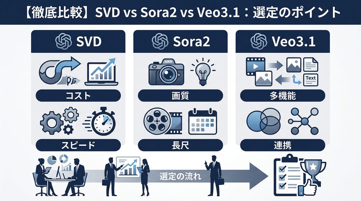 図解：【徹底比較】SVD vs Sora2 vs Veo3.1：選定のポイント
