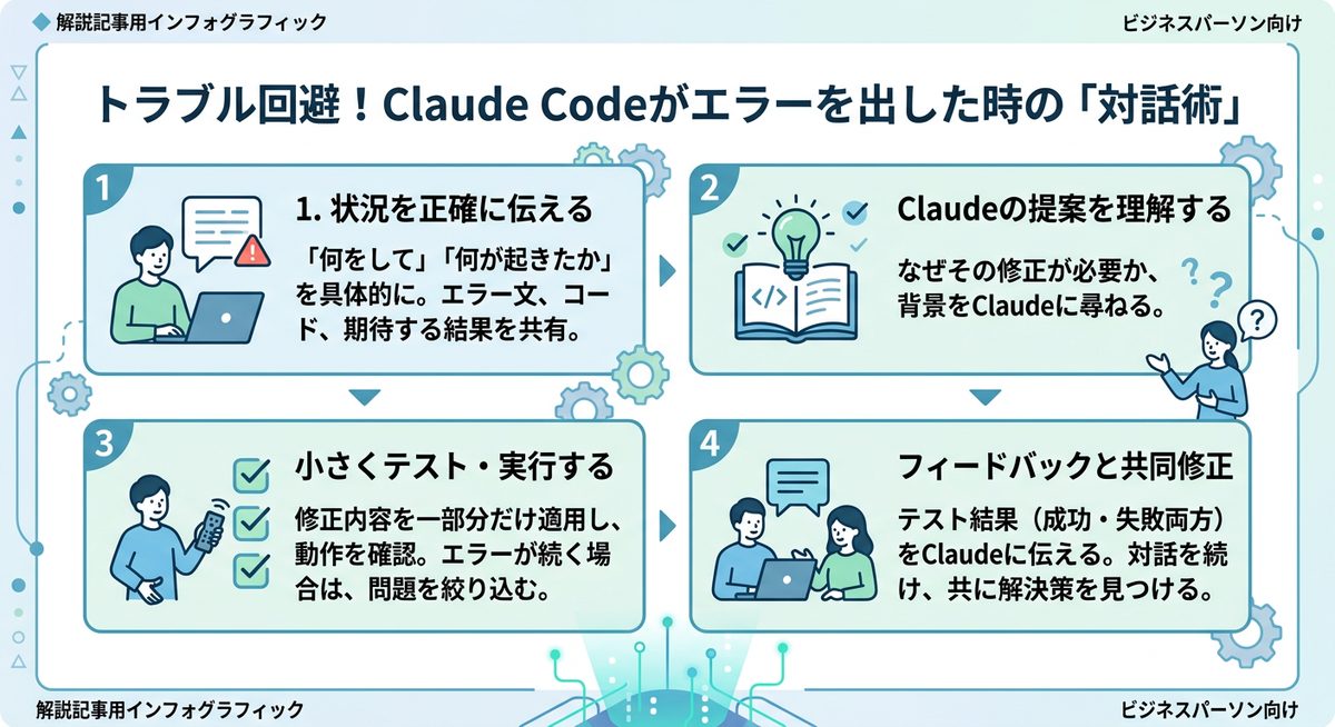 図解：トラブル回避！Claude Codeがエラーを出した時の「対話術」