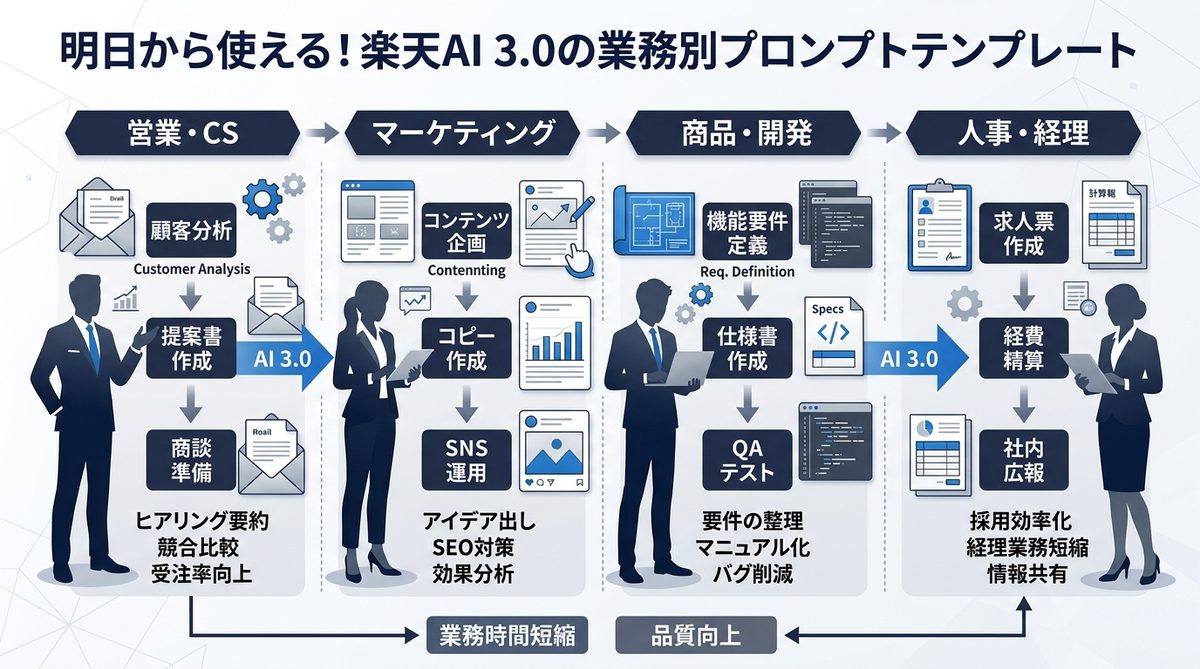 図解：明日から使える！楽天AI 3.0の業務別プロンプトテンプレート